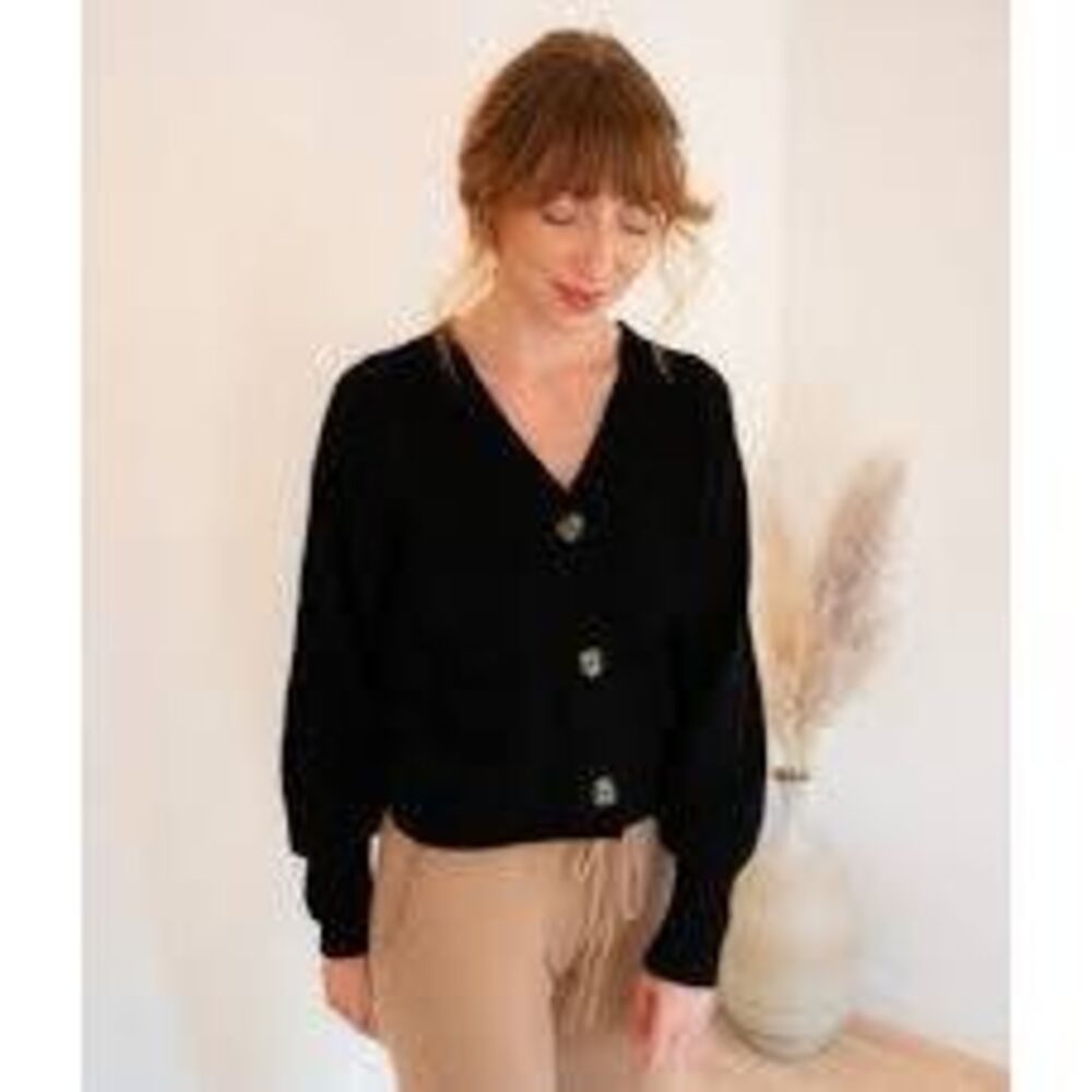 Quince Cropped Cardigan XS Black Wool Alpaca Blend Ribbed Knit Button Front Swea
